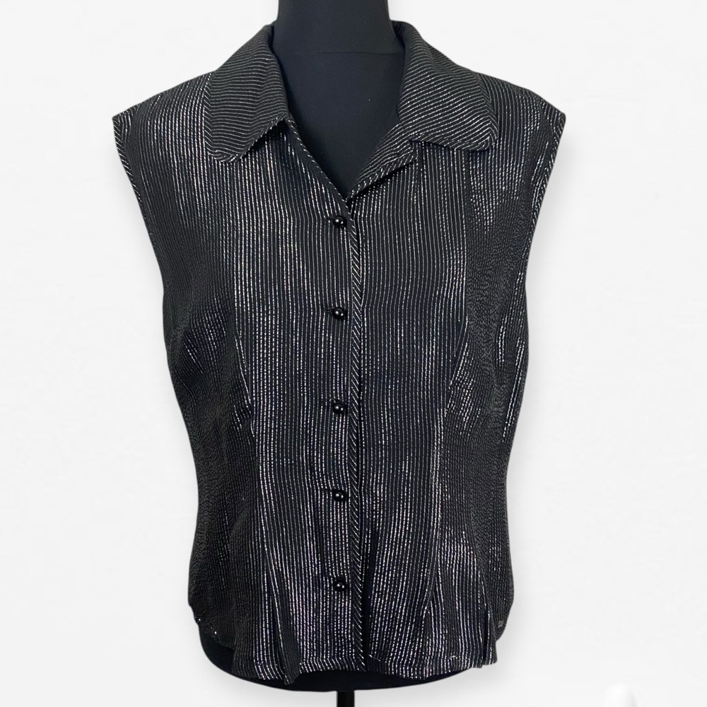 Kate Hill Silk black silver Tinsel Stripe Button Sleeveless fitted Blouse Top 10